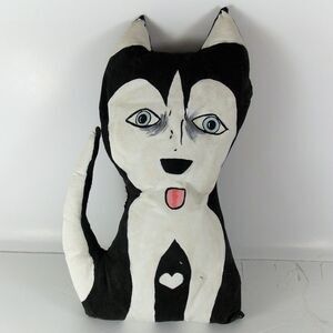 Handmade Primitive Art Black Siberian Husky Malamute Dog Stuffed Sitter Signed